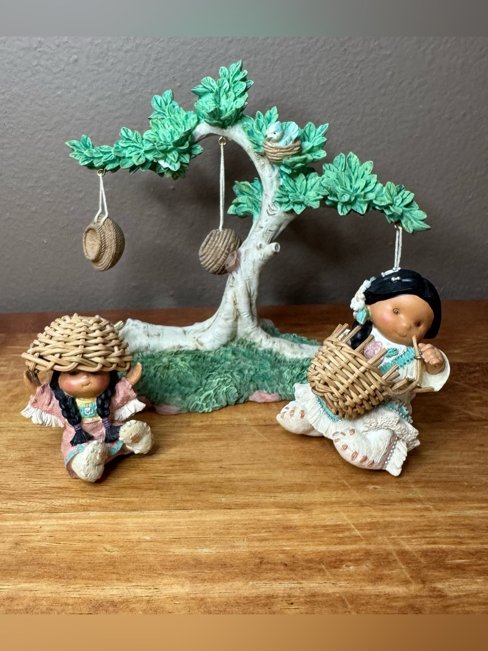 Handcrafted Ceramic Tree with Two Figurines in Green and Cream